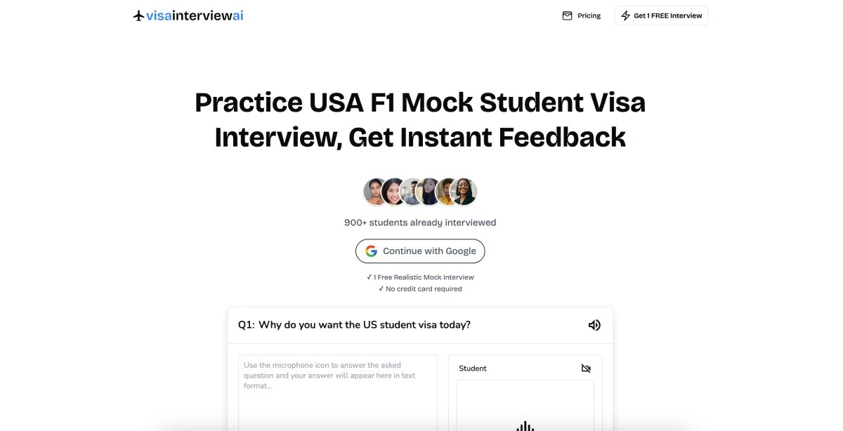 VisaInterviewAI mock interview platform with HD voice simulation